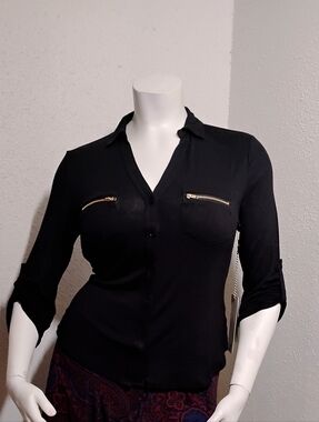 New, Women's Black Button-Front  Blouse with Gold Zippers, Plus Size 1X